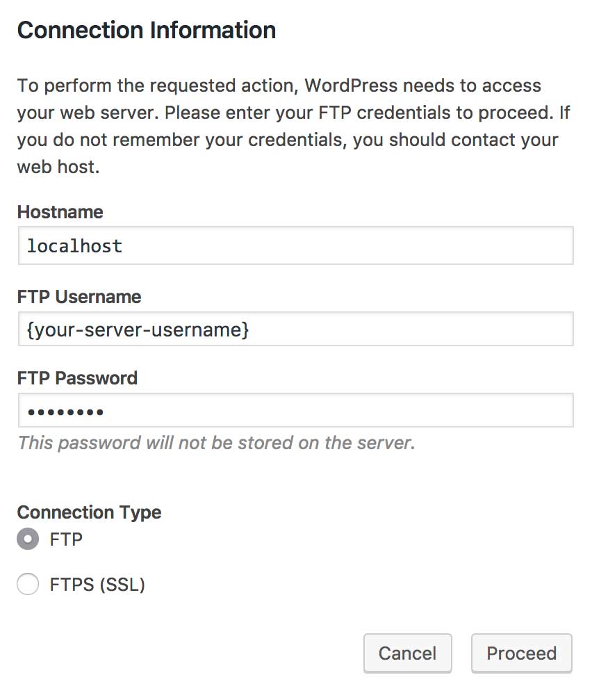 Wordpress connection info screen with typical NML settings